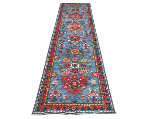 12 Ft Blue Aryana Afghan Hand Knotted Veg Dye Wool Runner Rug